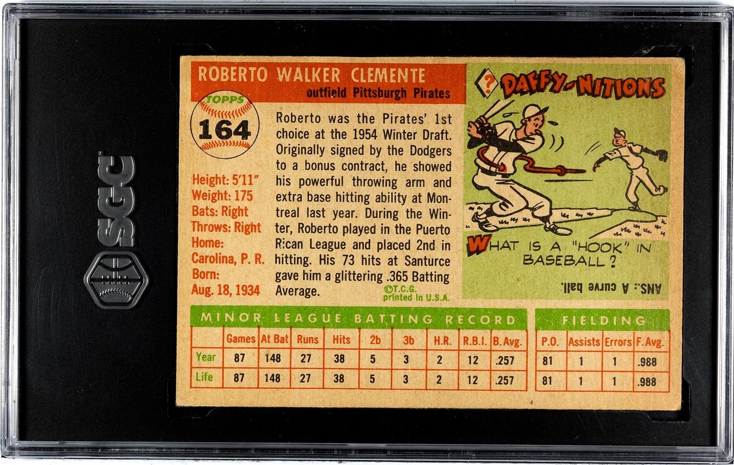 A 1955 Topps Roberto Clemente Rookie Baseballl Card No. 164 (SGC 4 VG-EX)