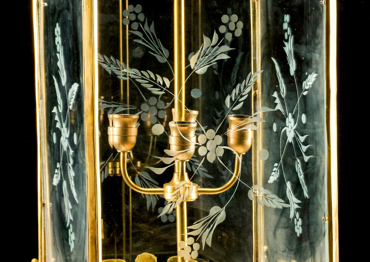 A Pair of English Gilt-Bronze and Etched Glass Lanterns