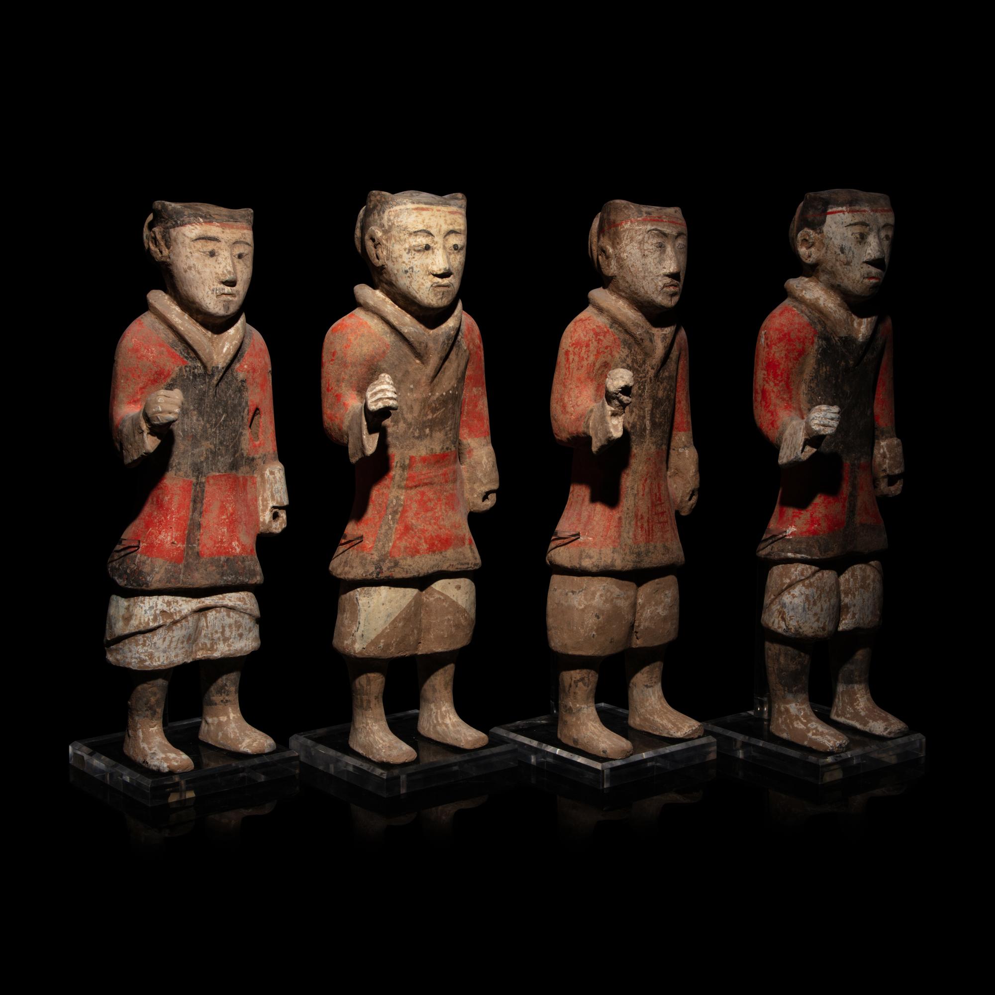 Four Chinese Painted Pottery Soldiers, Han Dynasty — 漢 彩繪步兵陶俑四件
