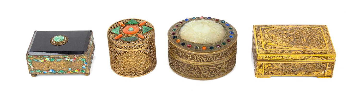 Four Chinese Metal Covered Boxes Length of largest 4 1/4 inches. — 20TH CENTURY