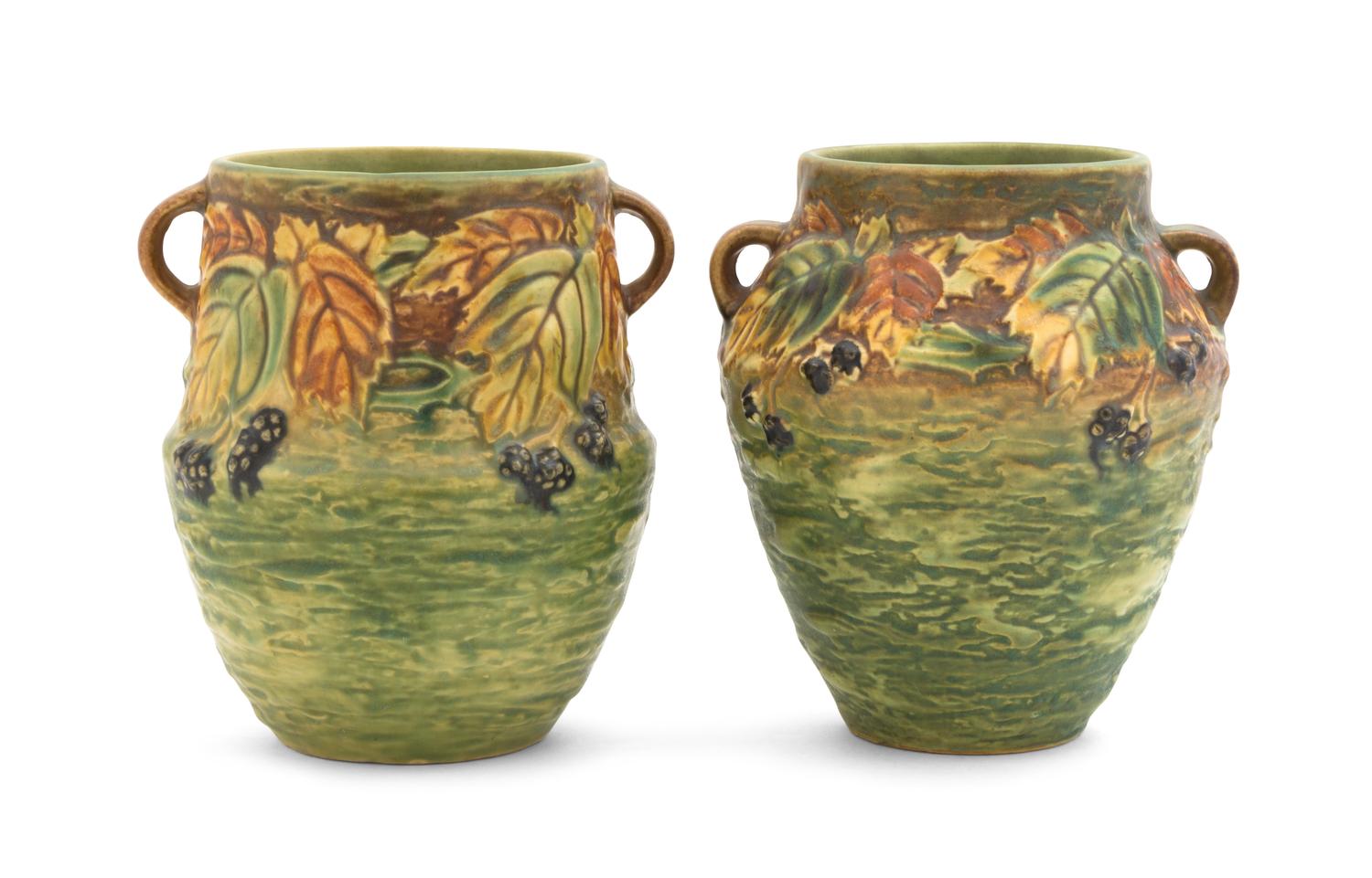 Two Roseville Blackberry Pottery Vases Height of each 6 inches.