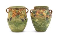 Two Roseville Blackberry Pottery Vases Height of each 6 inches.