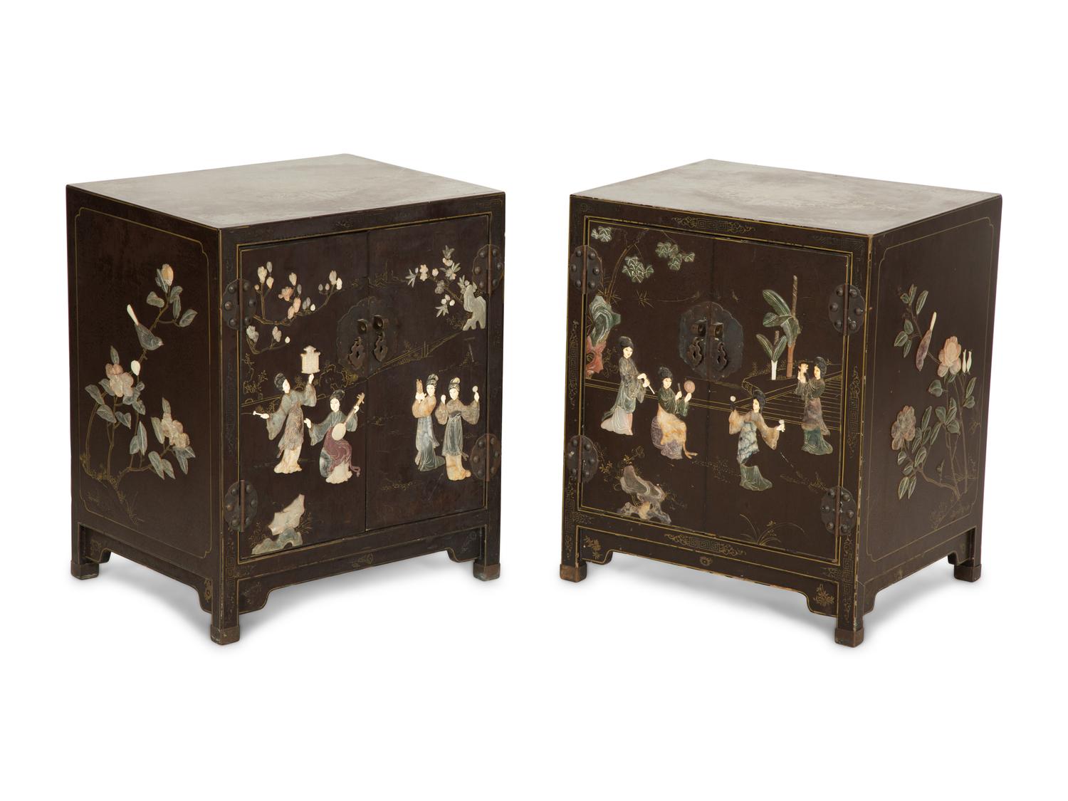 A Pair of Chinese Black Lacquer Side Cabinets with Inlaid Hardstone Decoration
