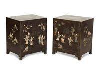 A Pair of Chinese Black Lacquer Side Cabinets with Inlaid Hardstone Decoration