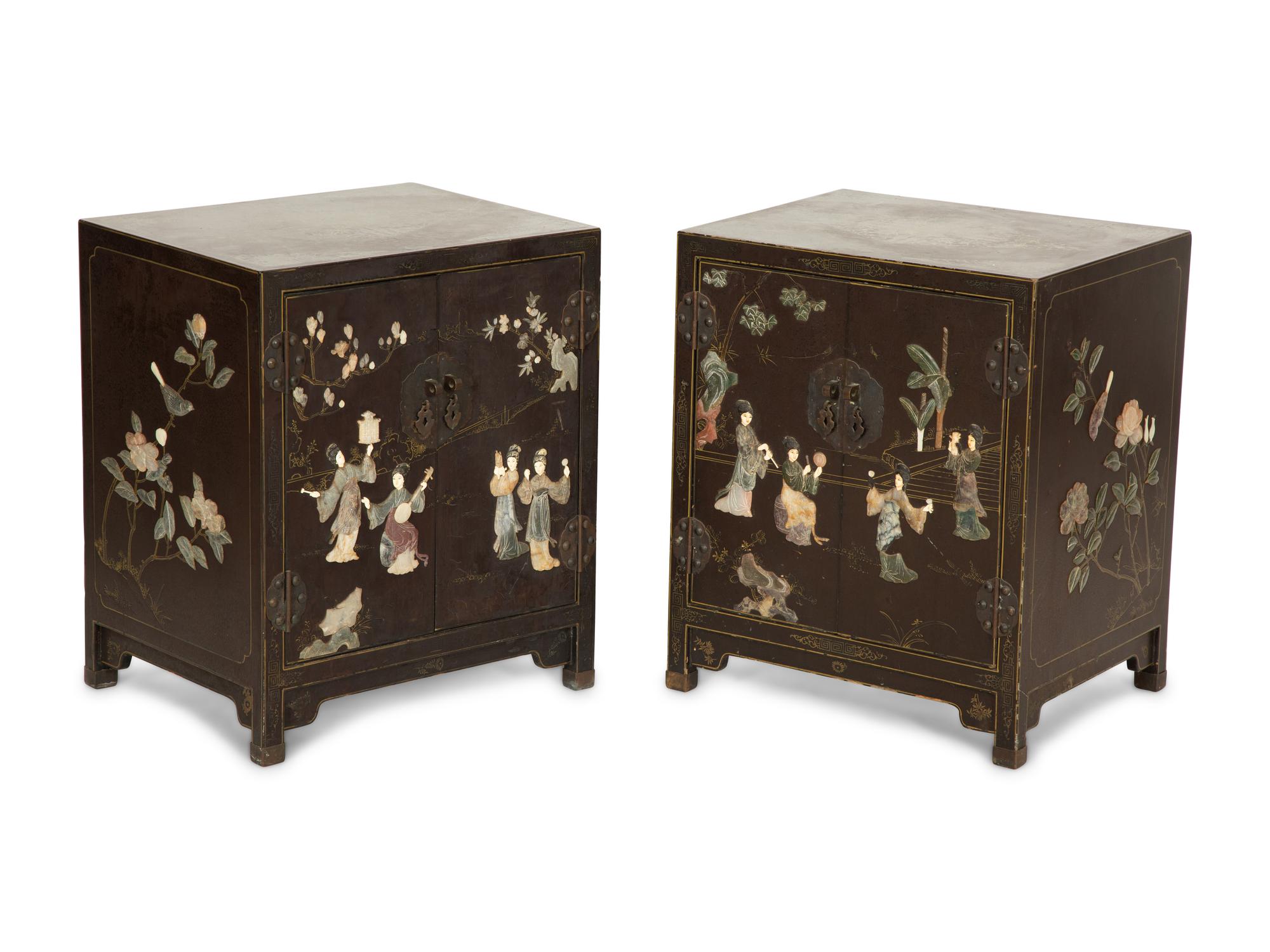 A Pair of Chinese Black Lacquer Side Cabinets with Inlaid Hardstone Decoration
