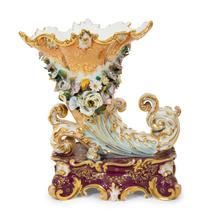 A Signed Jacob Petit Porcelain Cornucopia Vase on a Serpentine Base