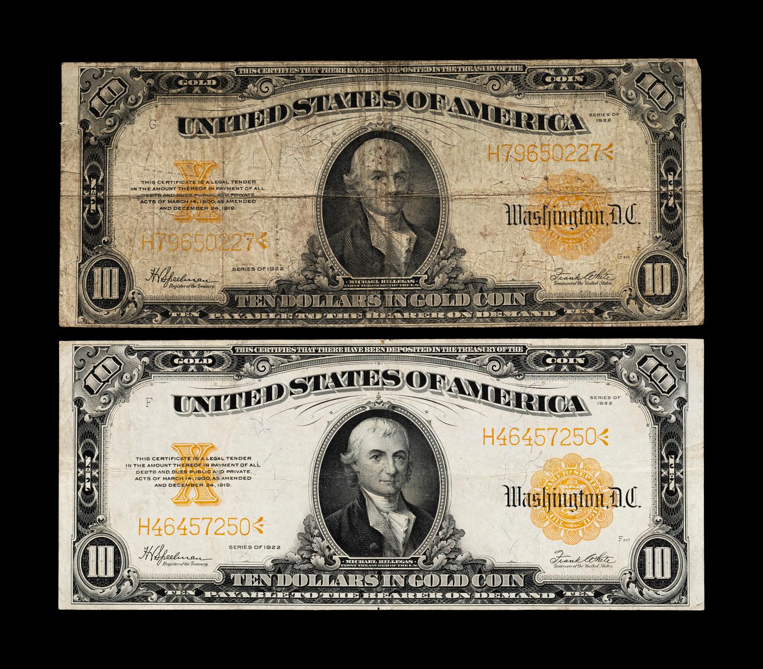 Two Series 1922 $10 Gold Certificates