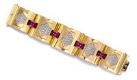 A Retro Gold, Diamond and Synthetic Ruby Bracelet, 99.80 dwts.