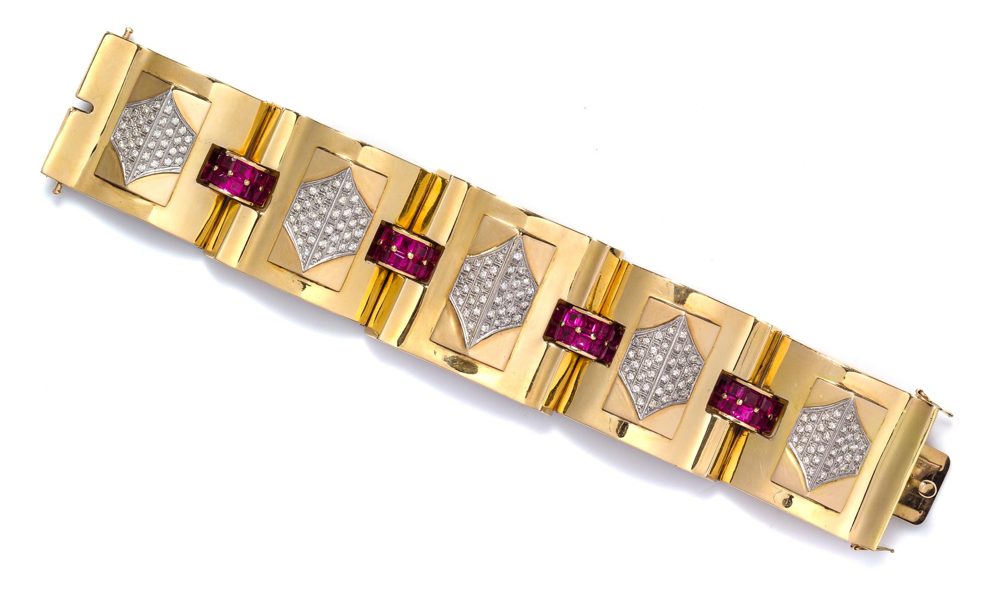 A Retro Gold, Diamond and Synthetic Ruby Bracelet, 99.80 dwts.