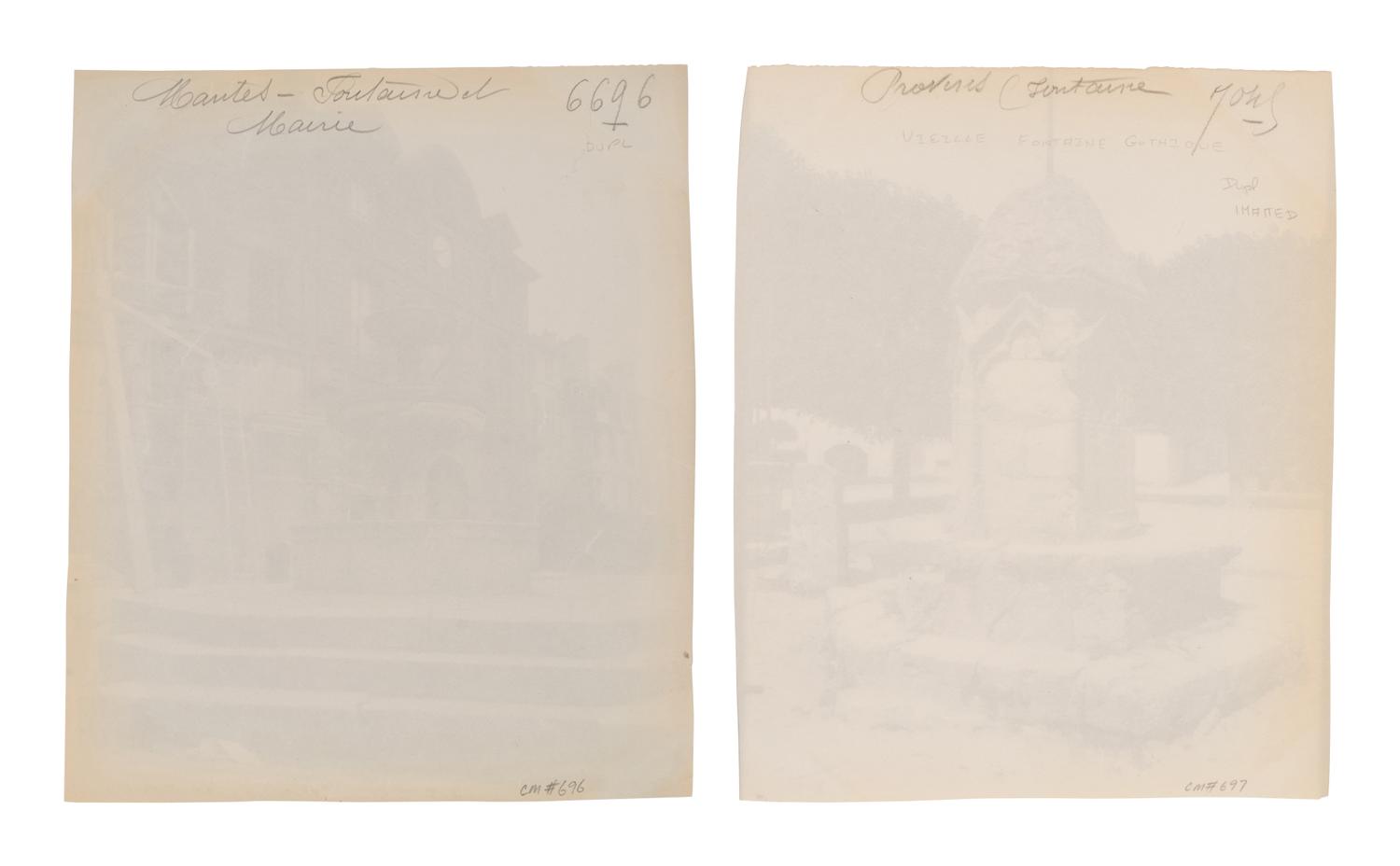 A pair of photographs depicting fountains ( Nantes - fontaine et Mairie, 1907; Provins ([vielle] fontaine [gothique]) , 1923)