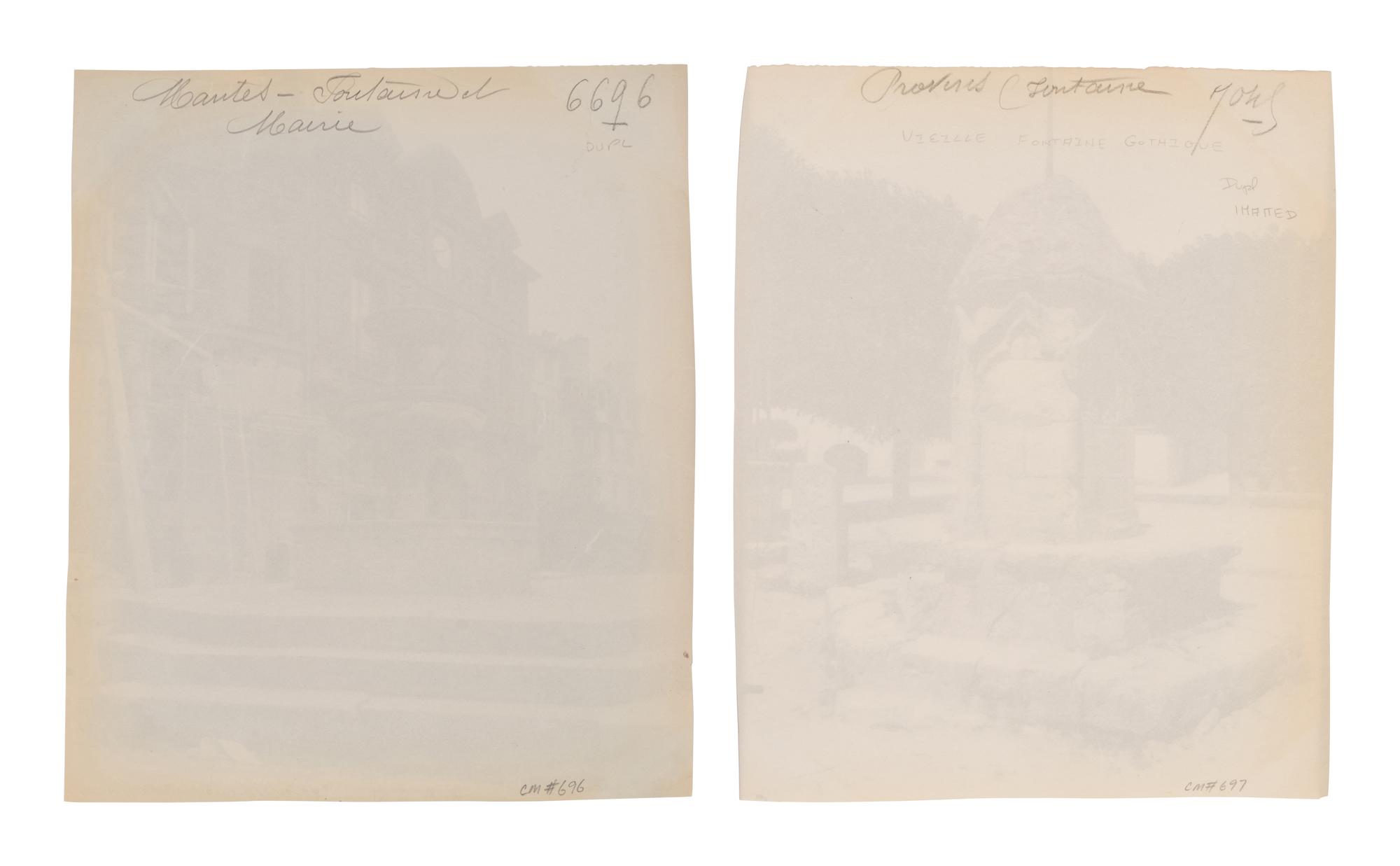 A pair of photographs depicting fountains ( Nantes - fontaine et Mairie, 1907; Provins ([vielle] fontaine [gothique]) , 1923)