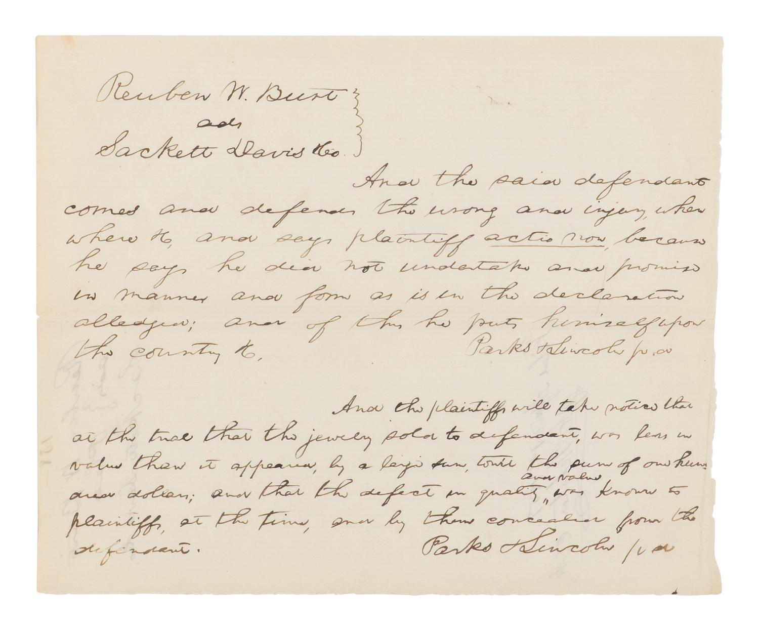 LINCOLN, Abraham (1809-1865). Autograph legal document signed twice ("Parks and Lincoln"), [Springfield], [filed] 1 April 1859.