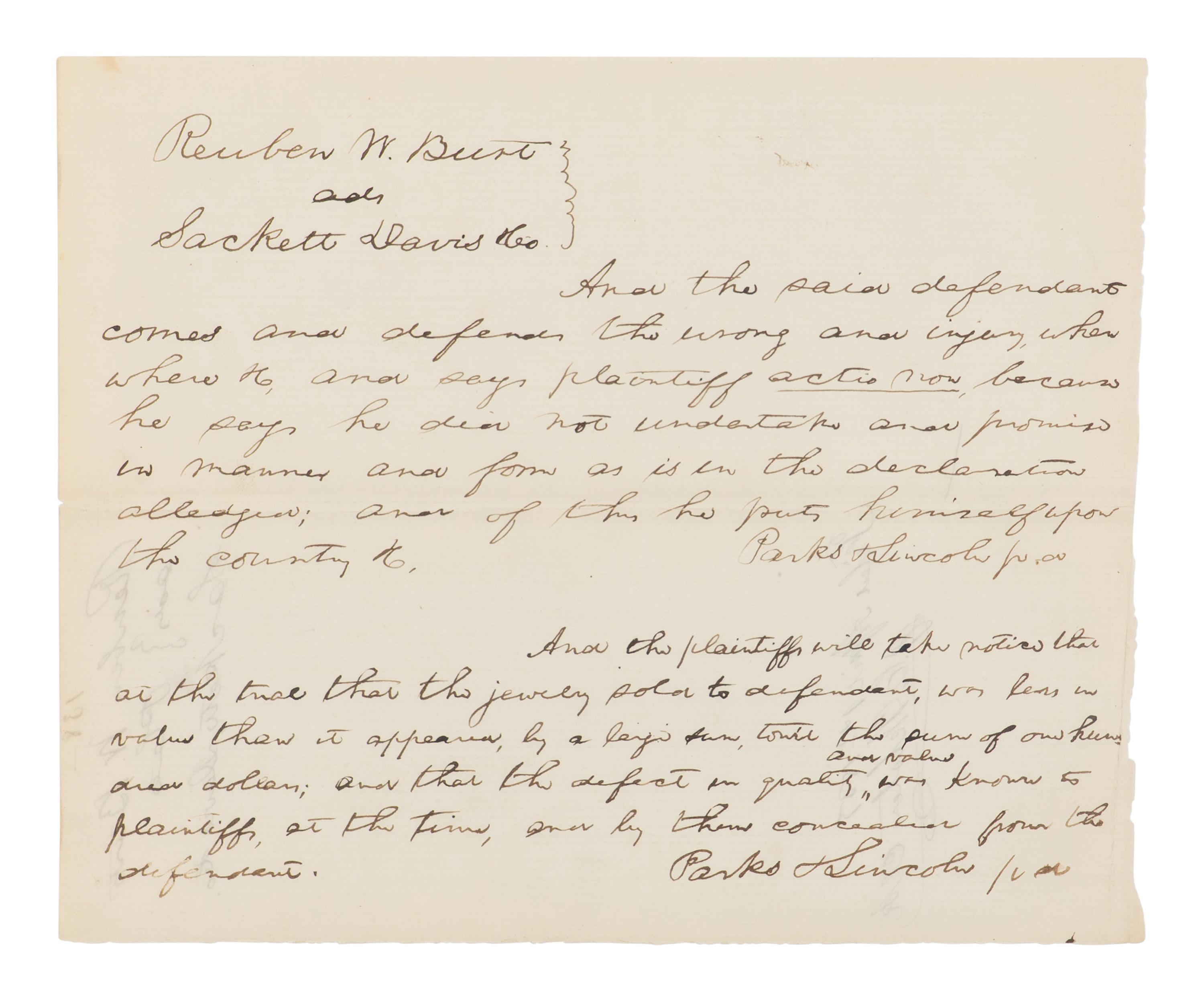 LINCOLN, Abraham (1809-1865). Autograph legal document signed twice ("Parks and Lincoln"), [Springfield], [filed] 1 April 1859.