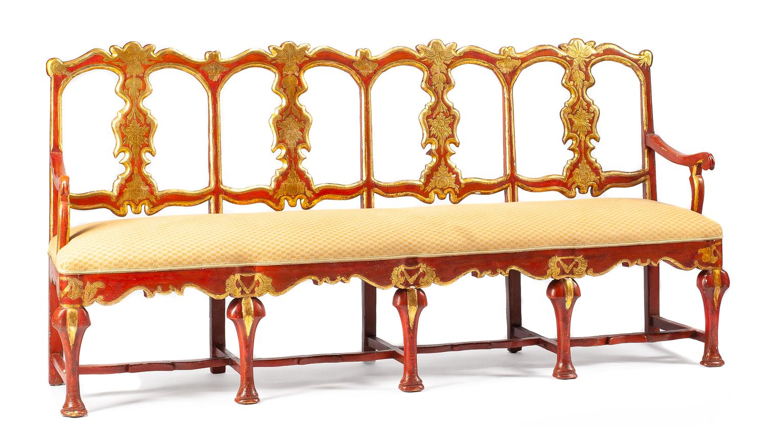 A Spanish Painted and Parcel Gilt Settee Height 42 x width 85 x depth 19 1/2 inches. — 19TH CENTURY