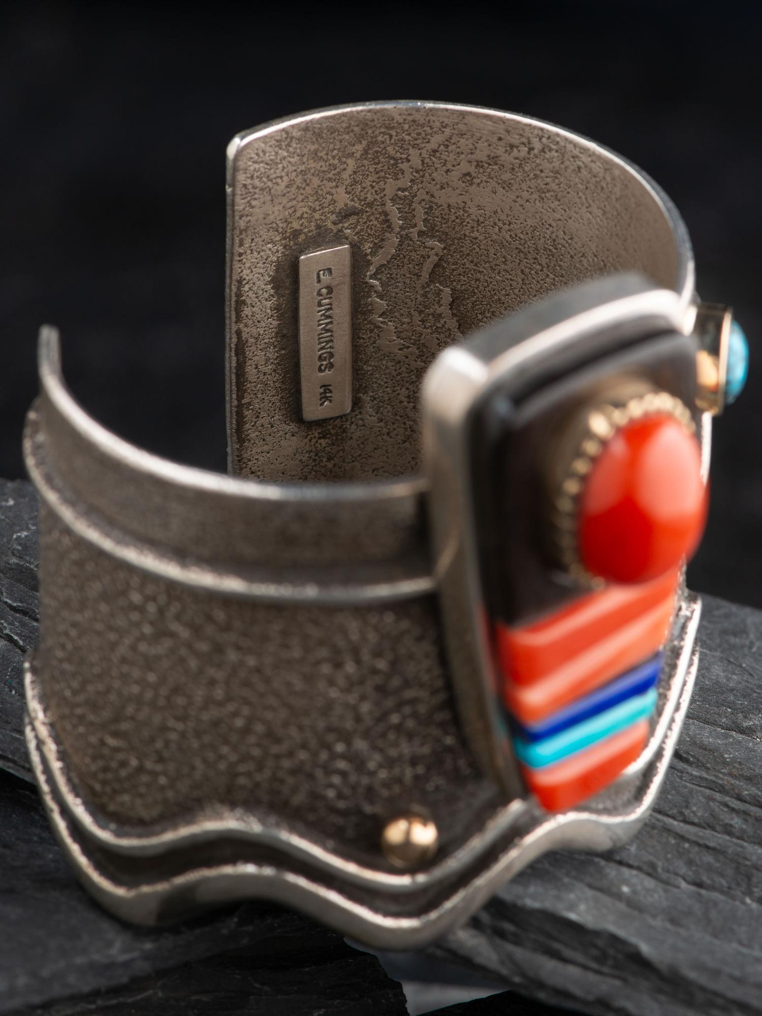 Sterling Silver Tufa Cast Cuff Bracelet, with 14K Gold Accents and Inlay
