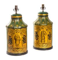 A Pair of English Tole Tea Canisters, Height 17 1/2 inches.