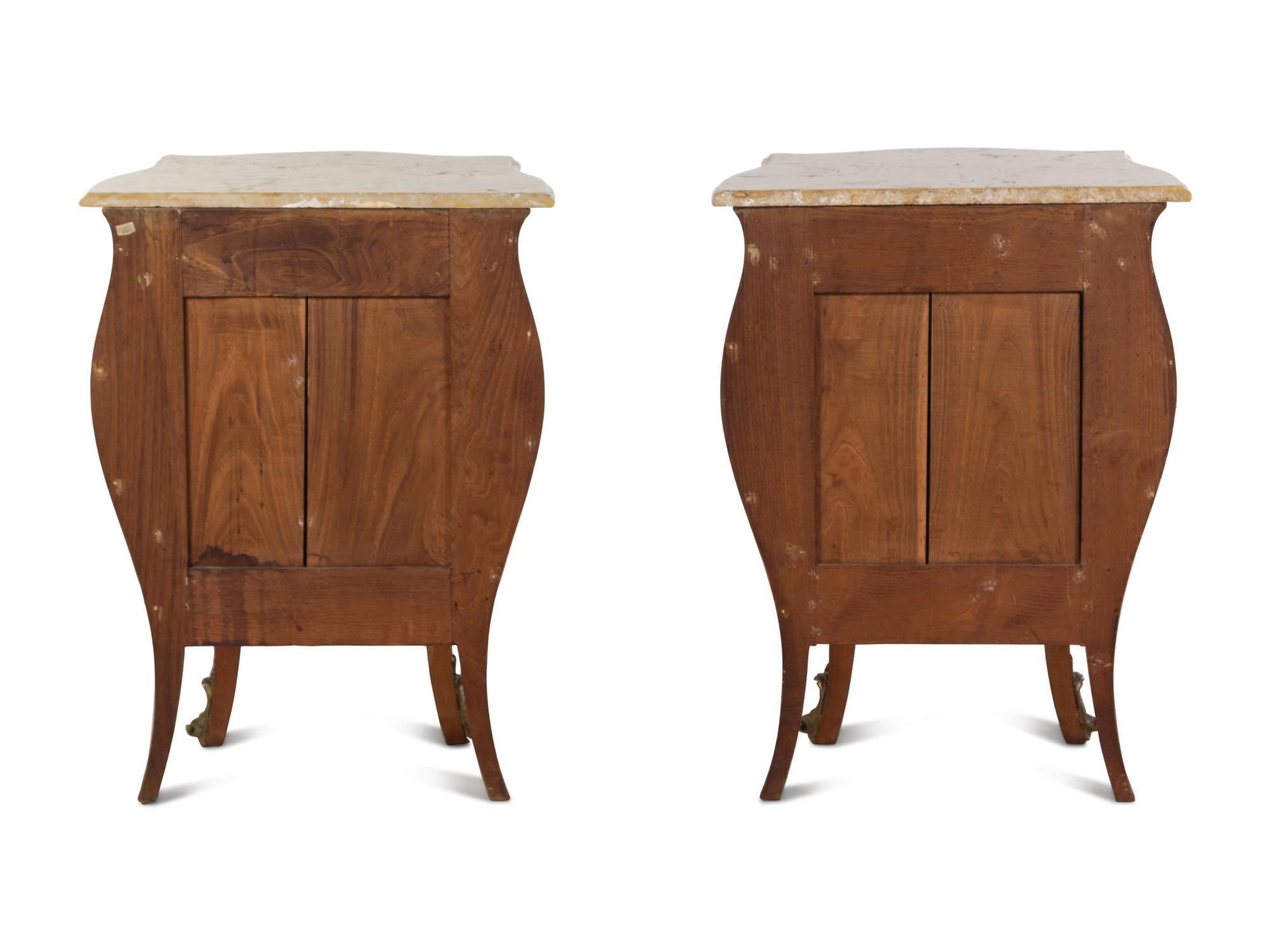 A Pair of Louis XV Style Gilt Bronze Mounted Marble-Top Bombe Nightstands