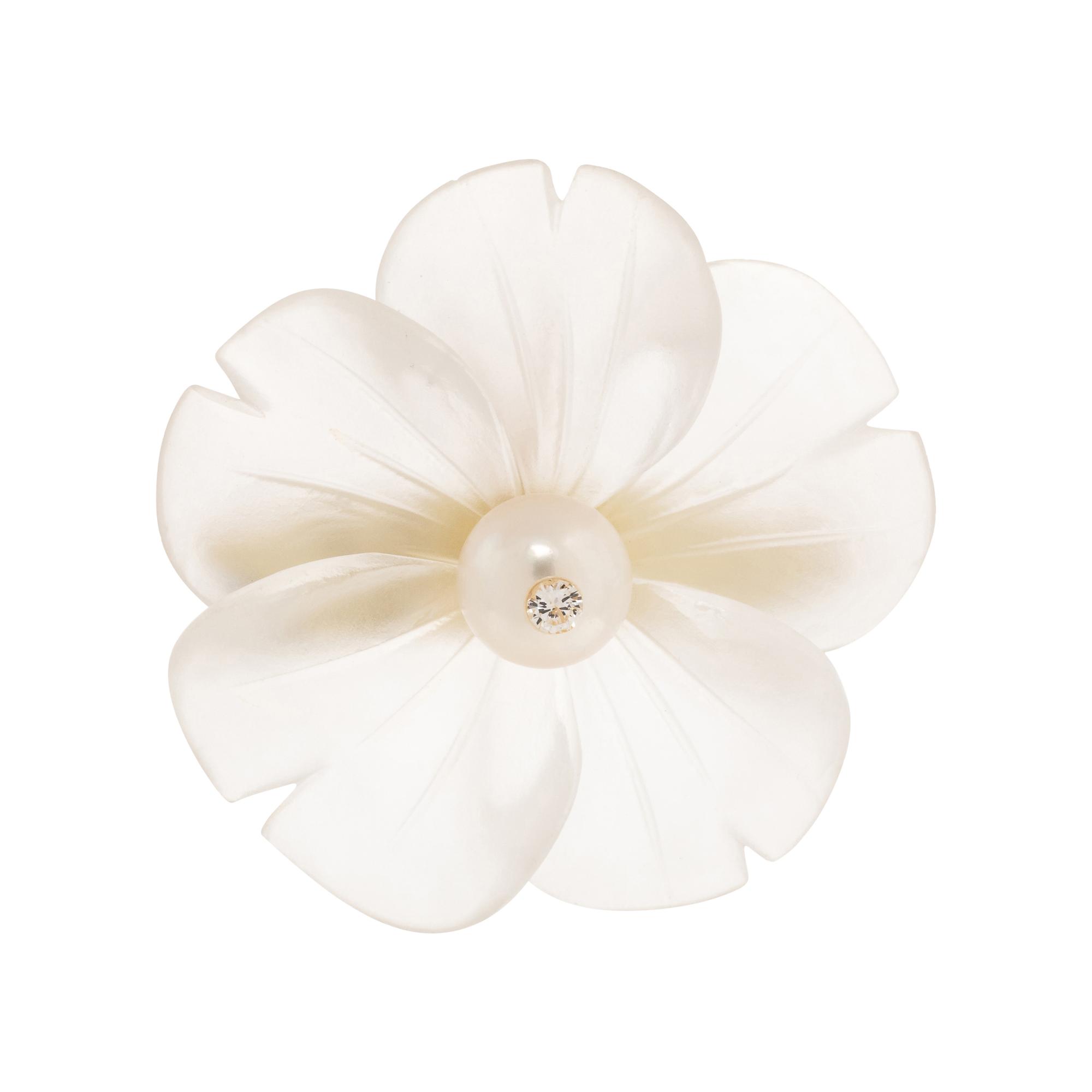 ROCK CRYSTAL, CULTURED PEARL AND DIAMOND FLOWER PENDANT/BROOCH