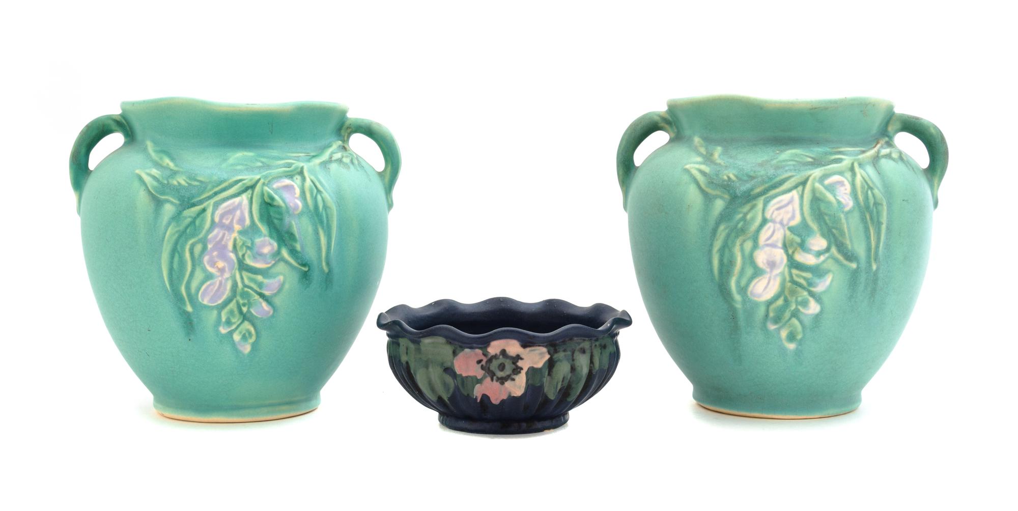 A Pair of Weller Pottery Vases Height of pair 6 inches.