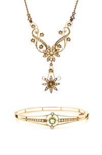 A Collection of Art Nouveau Yellow Gold and Seed Pearl Jewelry, 14.00 dwts.