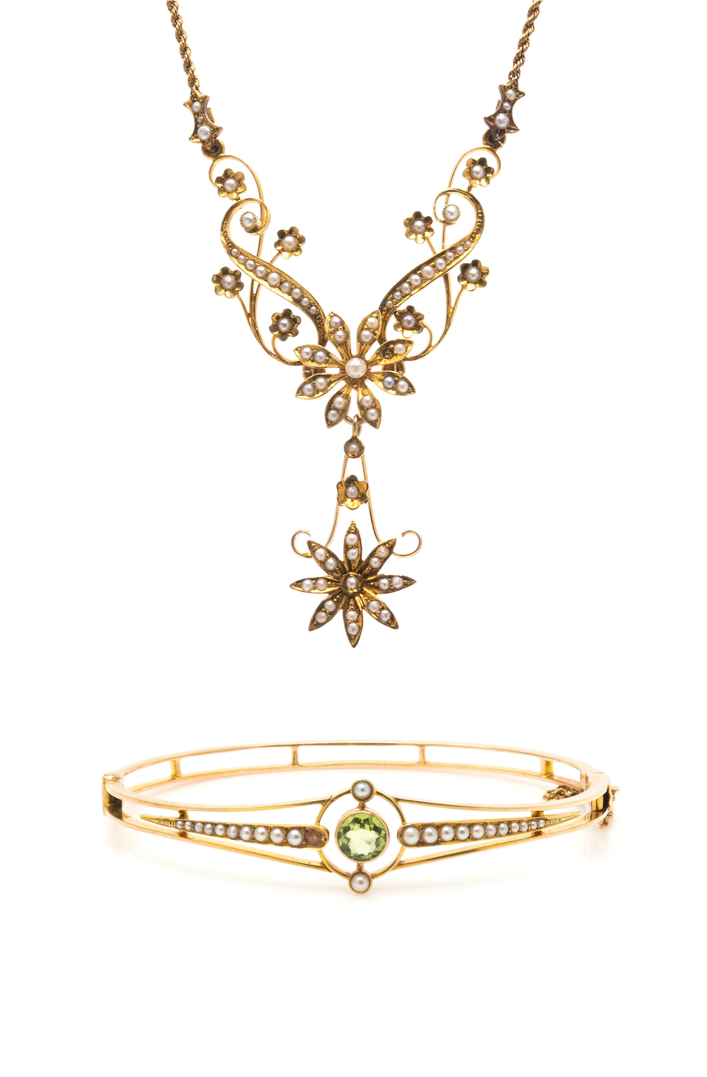 A Collection of Art Nouveau Yellow Gold and Seed Pearl Jewelry, 14.00 dwts.