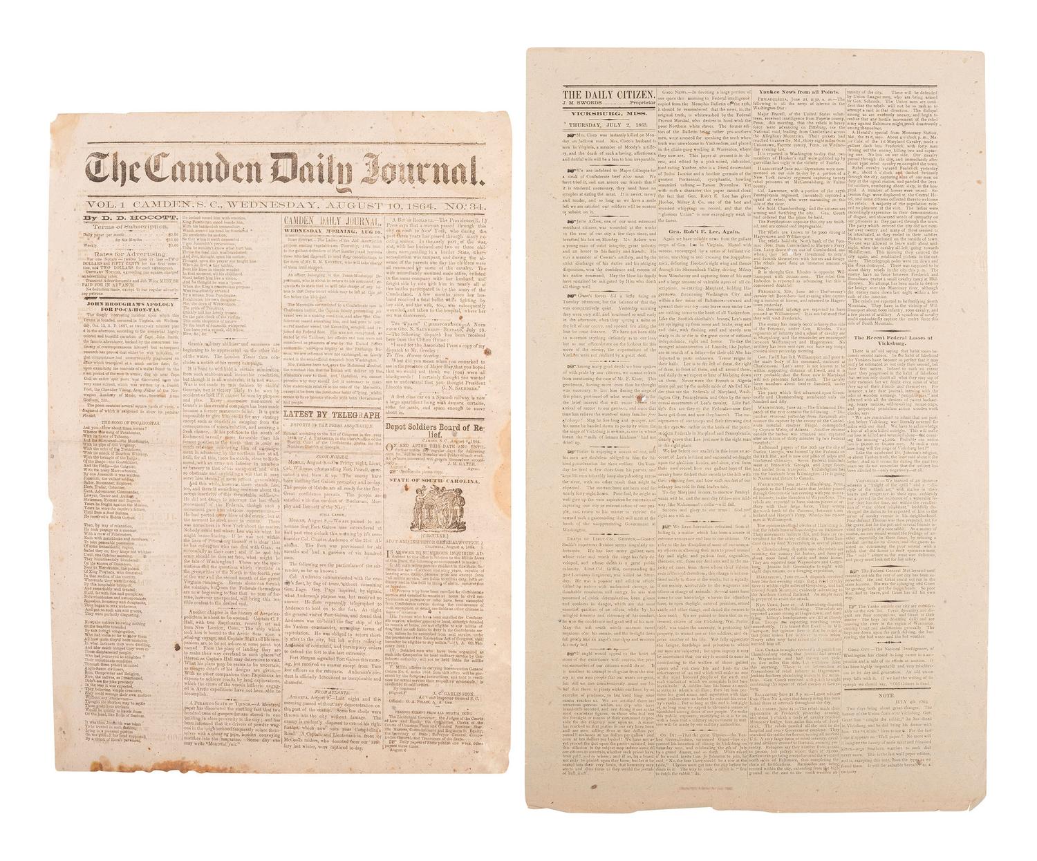 [CIVIL WAR]. 75+ Southern and Confederate newspapers reporting on the war and politics of the era.