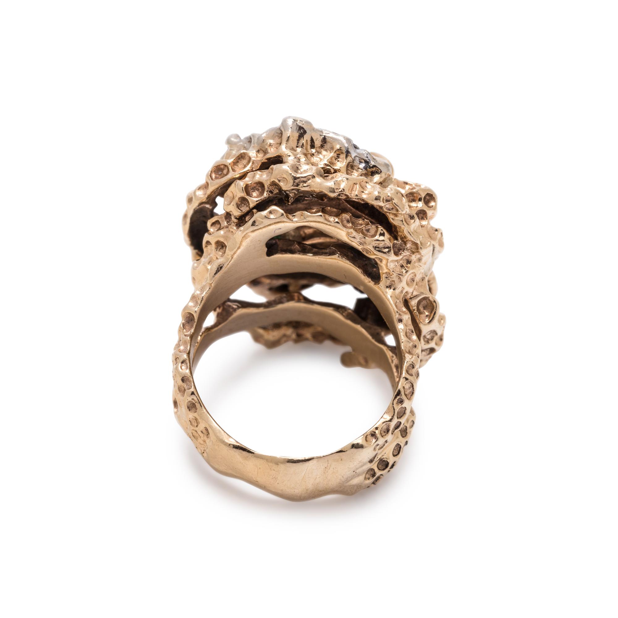 EMERALD, CULTURED BAROQUE PEARL AND DIAMOND RING