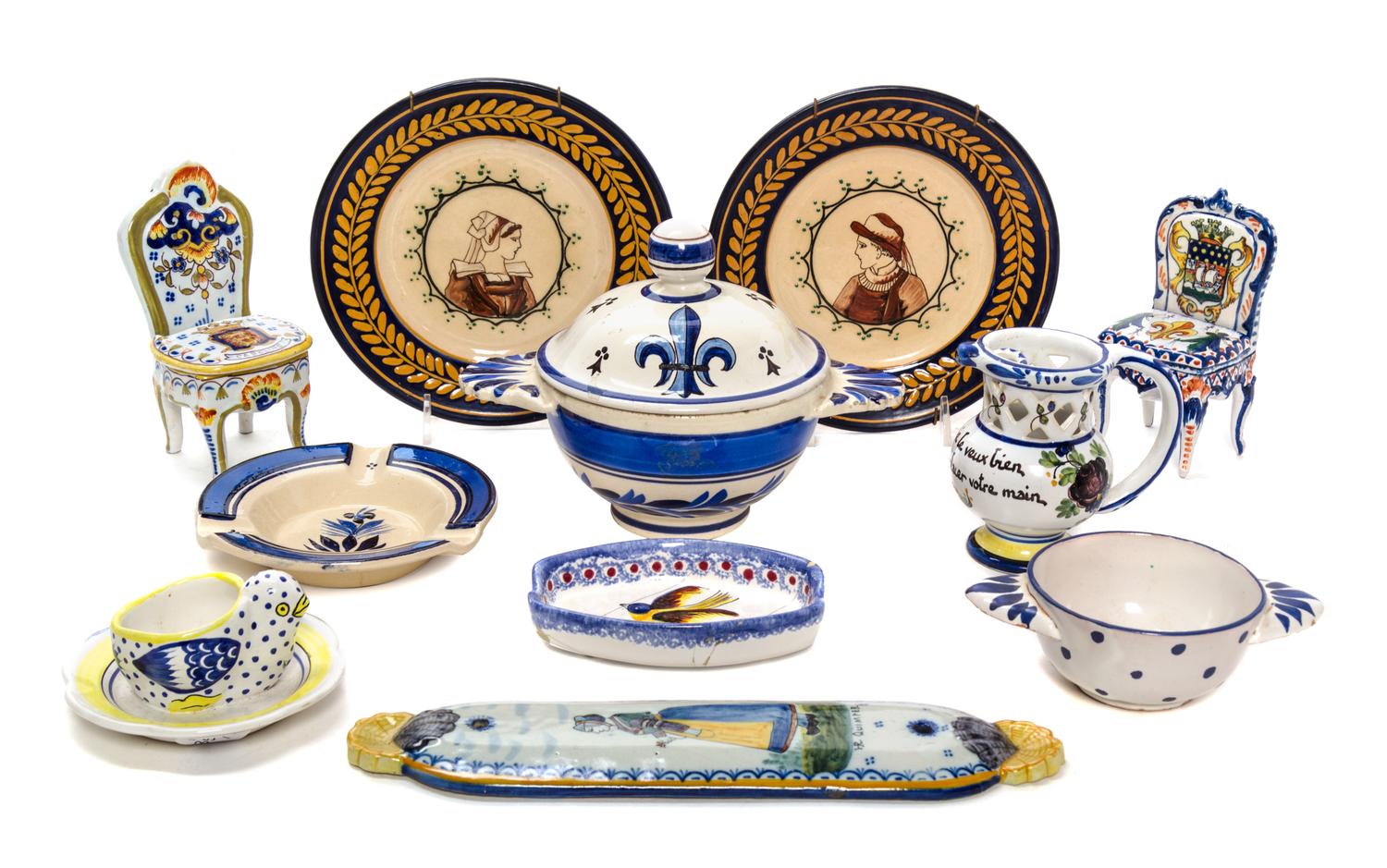A Collection of Quimper Pottery Articles Height of tallest 5 1/4 inches.
