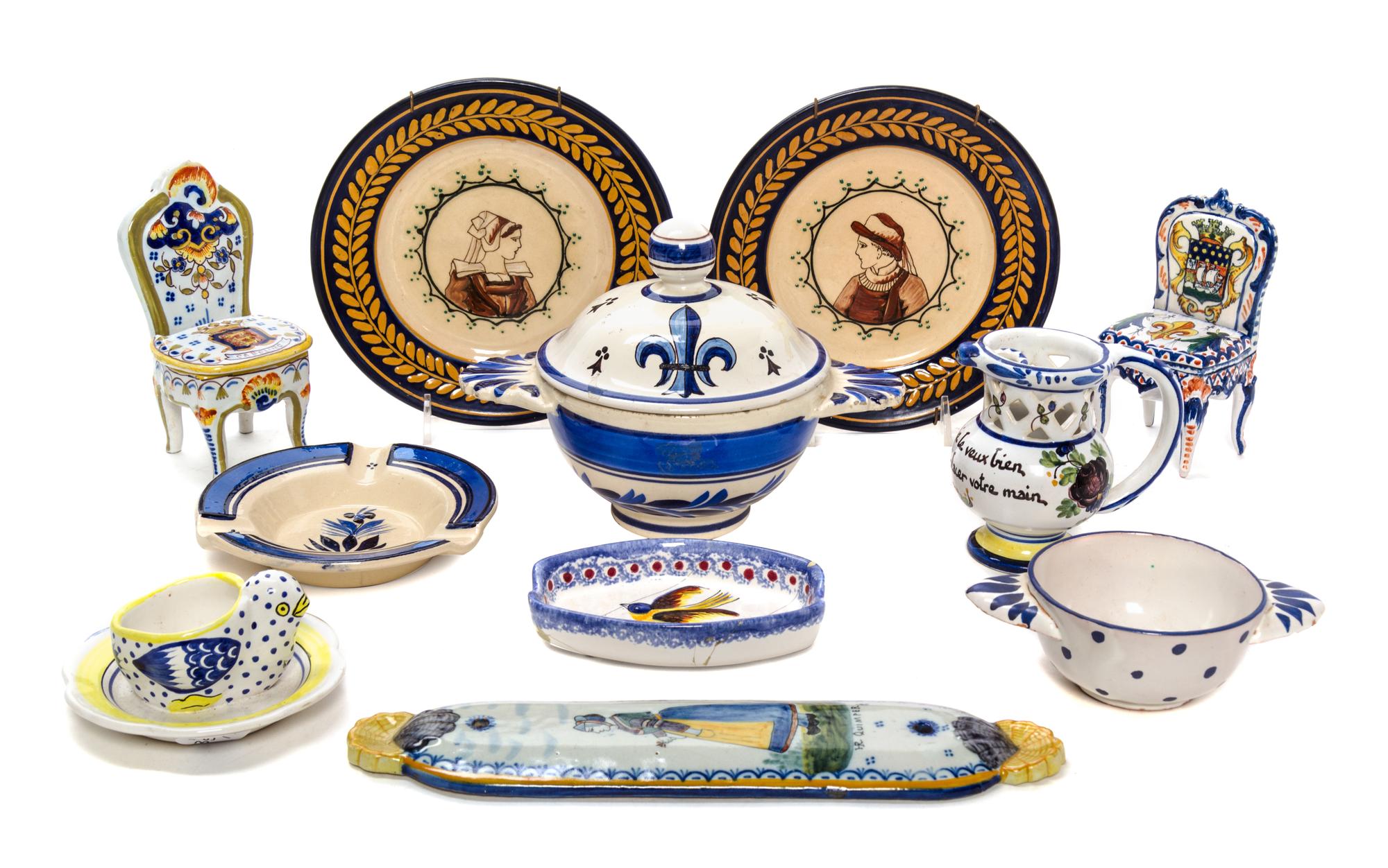 A Collection of Quimper Pottery Articles Height of tallest 5 1/4 inches.