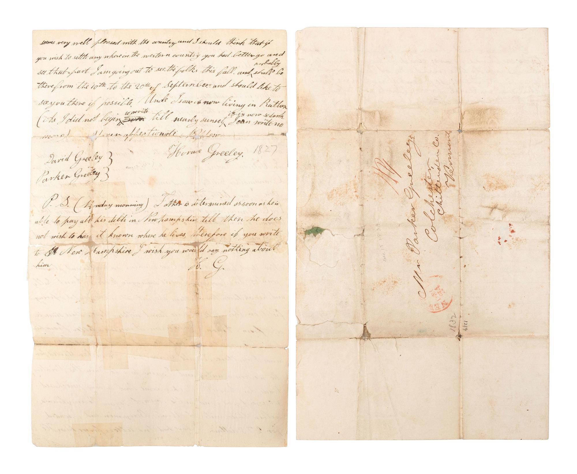 GREELEY, Horace (1811-1872). A group of 4 autograph letters signed from Horace Greeley to Parker Greeley, his uncle. Ca 1827-1841.