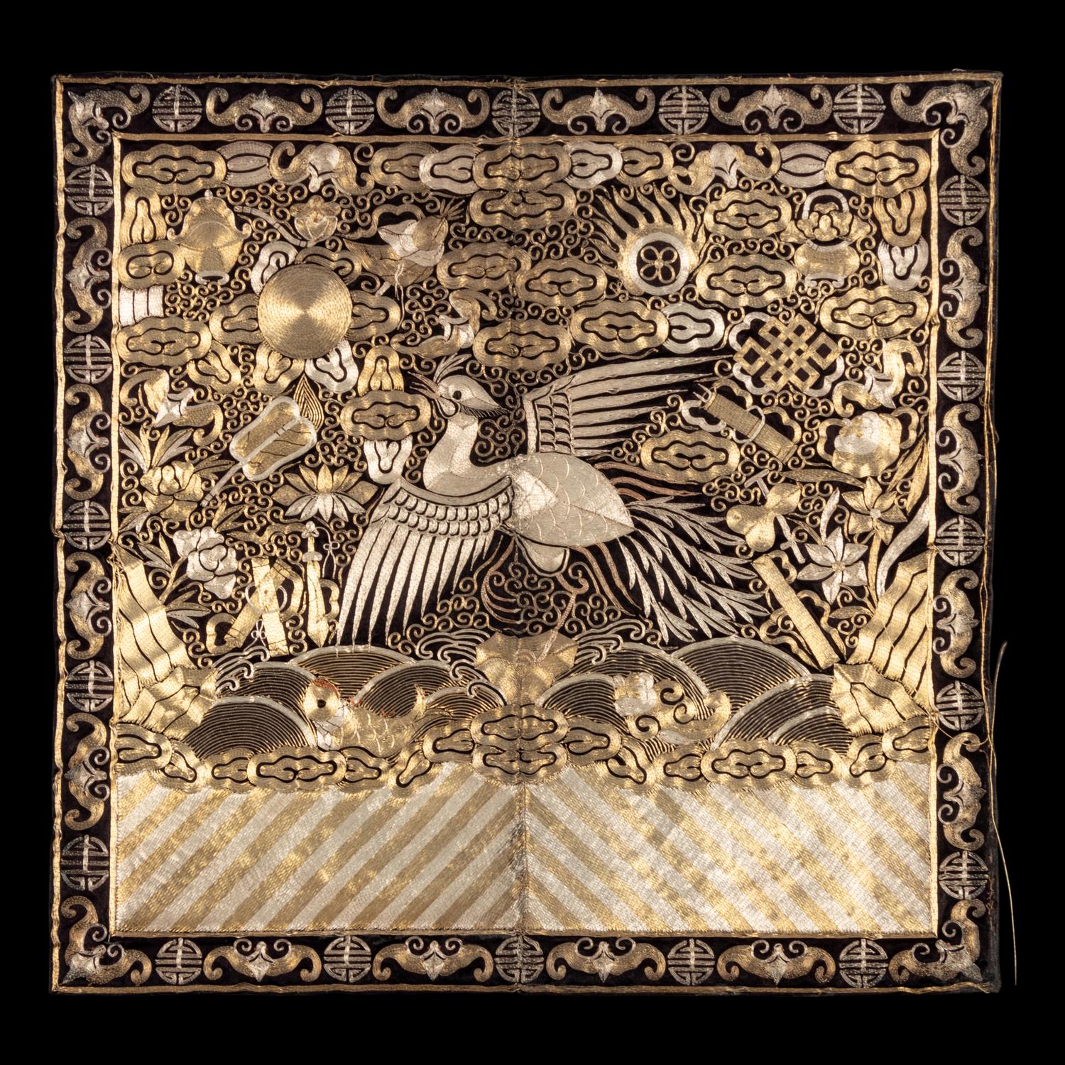 Two Chinese Embroidered Silk 'Silver Pheasant' Rank Badges, Buzi, 19th Century 清中晚期 刺綉五品文官白鹇補子兩幅