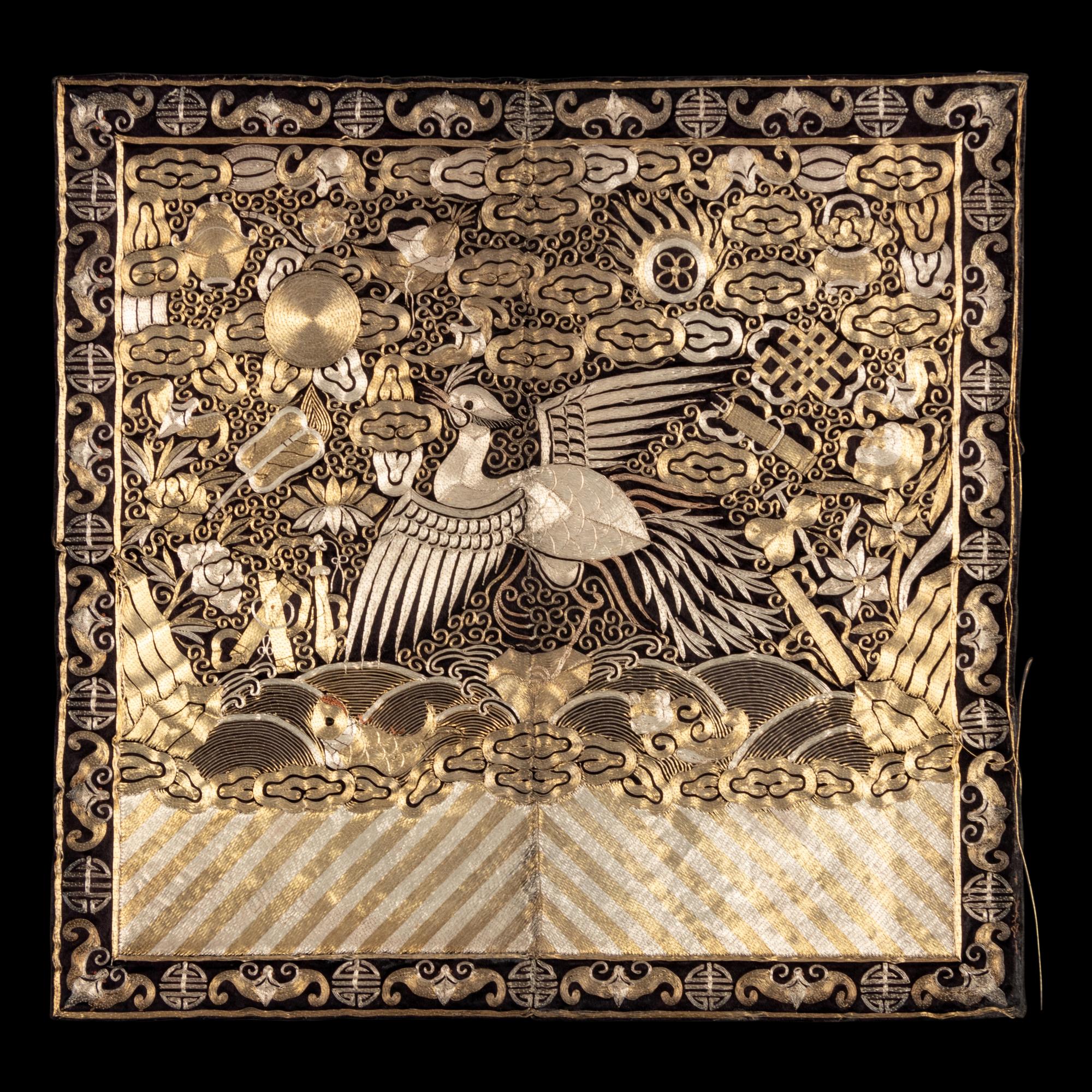 Two Chinese Embroidered Silk 'Silver Pheasant' Rank Badges, Buzi, 19th Century 清中晚期 刺綉五品文官白鹇補子兩幅