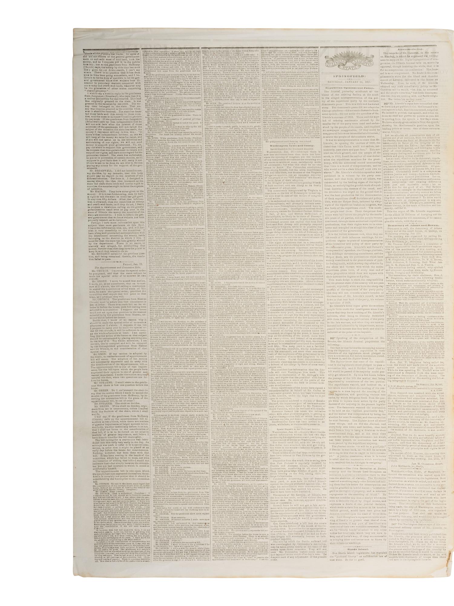 [LINCOLN, Abraham (1809-1865)]. Daily Illinois State Register . Vol. 14, No. 22. Springfield, IL: Charles H. Lanphier, 26 January 1861. News regarding politics and the abolition of slavery published in President-elect Lincoln's hometown newspaper.