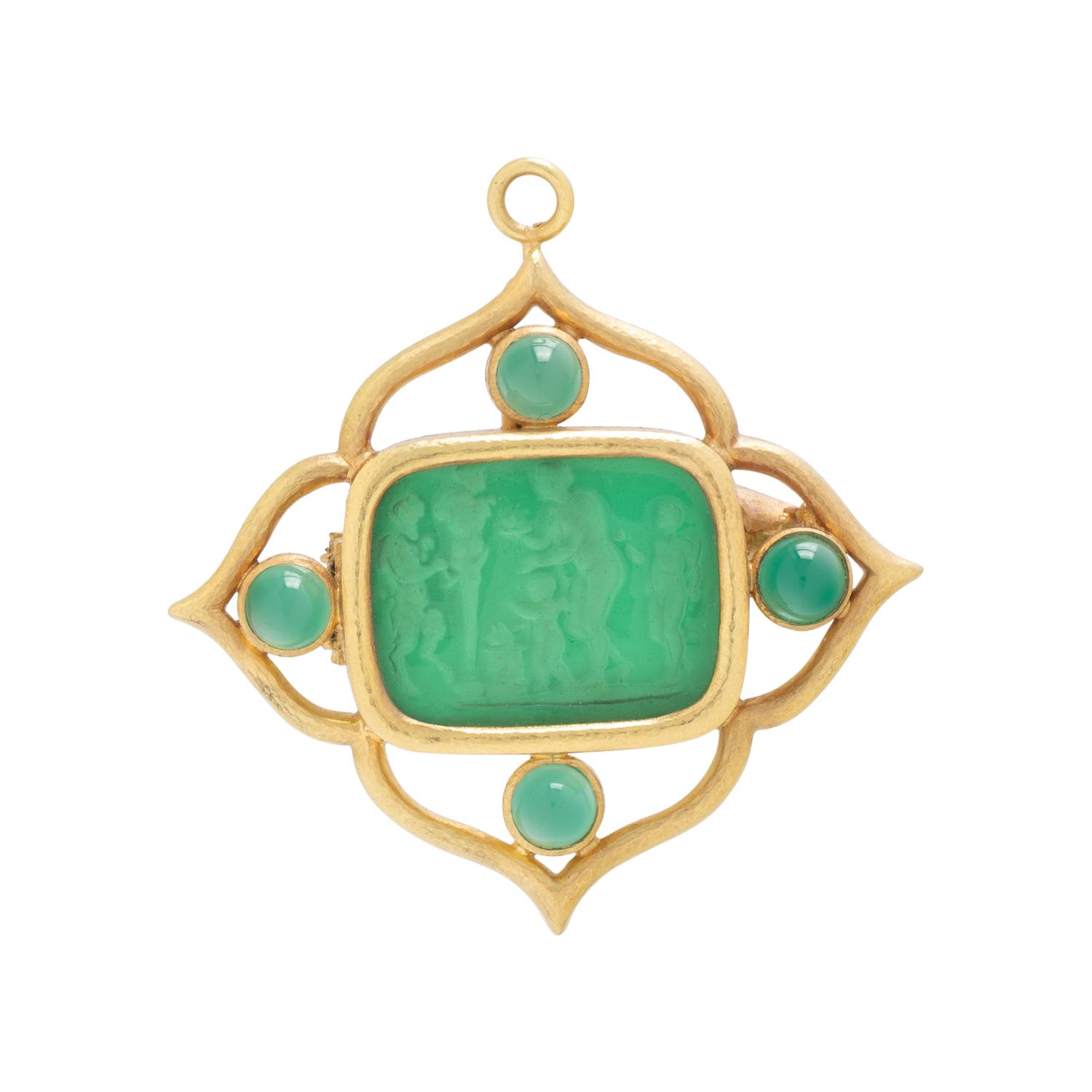 ELIZABETH LOCKE, VENETIAN GLASS, MOTHER-OF-PEARL, CHRYSOPRASE, AND YELLOW GOLD INTAGLIO BROOCH PENDANT
