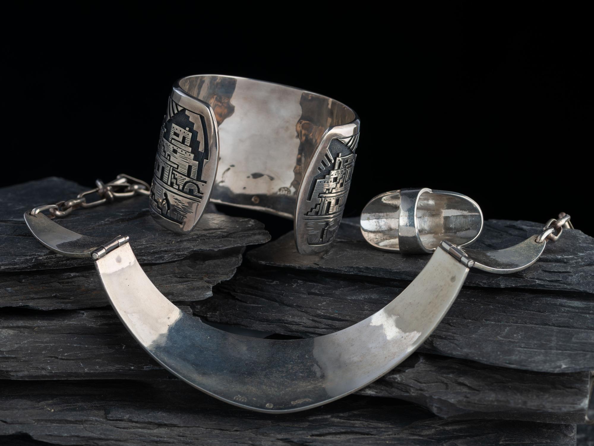 Sterling Silver Overlay Shalako Choker Necklace, Cuff Bracelet, and Ring Set