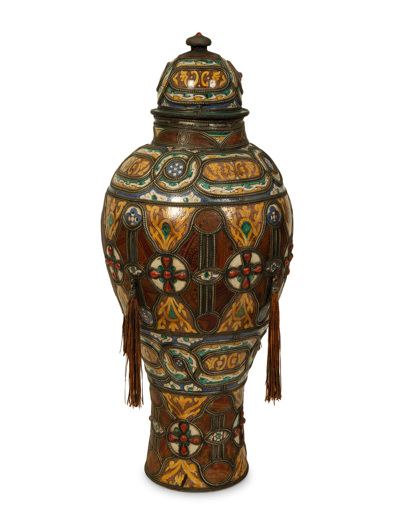 A Large Moroccan Silvered Metal and Hardstone Mounted Ceramic Urn — 20TH CENTURY