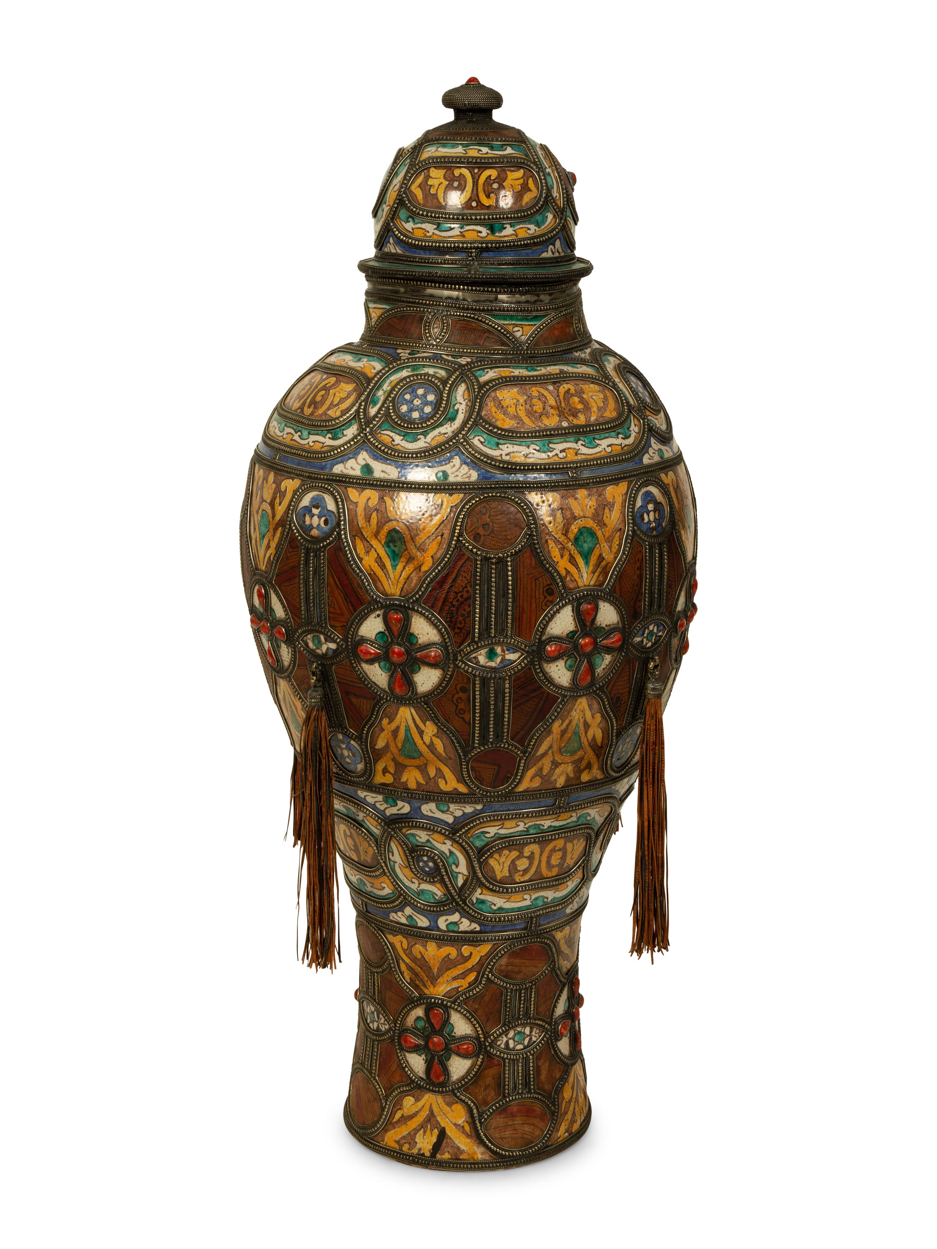 A Large Moroccan Silvered Metal and Hardstone Mounted Ceramic Urn — 20TH CENTURY