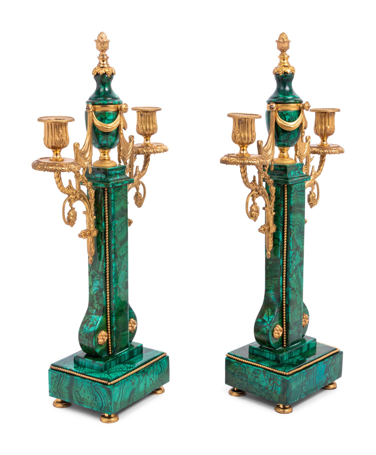 A Pair of Empire Style Gilt Metal and Malachite Veneered Two-Light Candelabra
