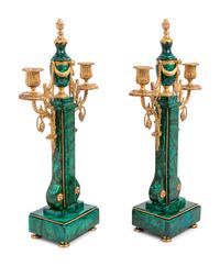 A Pair of Empire Style Gilt Metal and Malachite Veneered Two-Light Candelabra