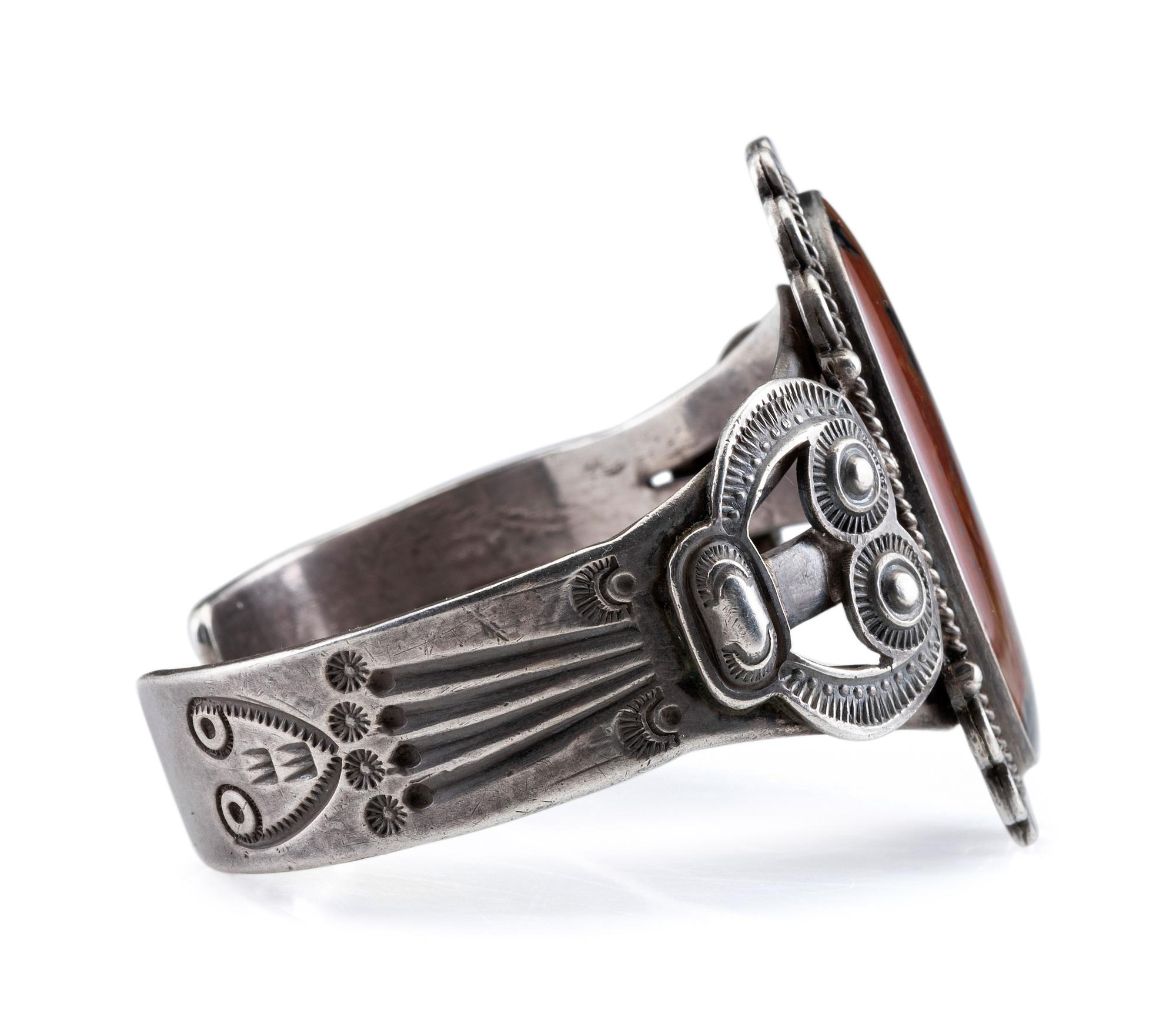 Heavily Stamped Split Shank Cuff, with Petrified Wood Cabochon