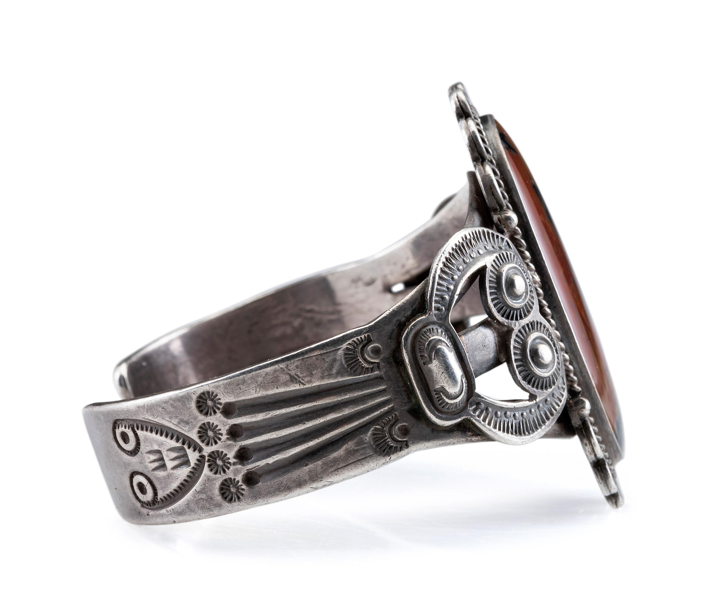 Heavily Stamped Split Shank Cuff, with Petrified Wood Cabochon