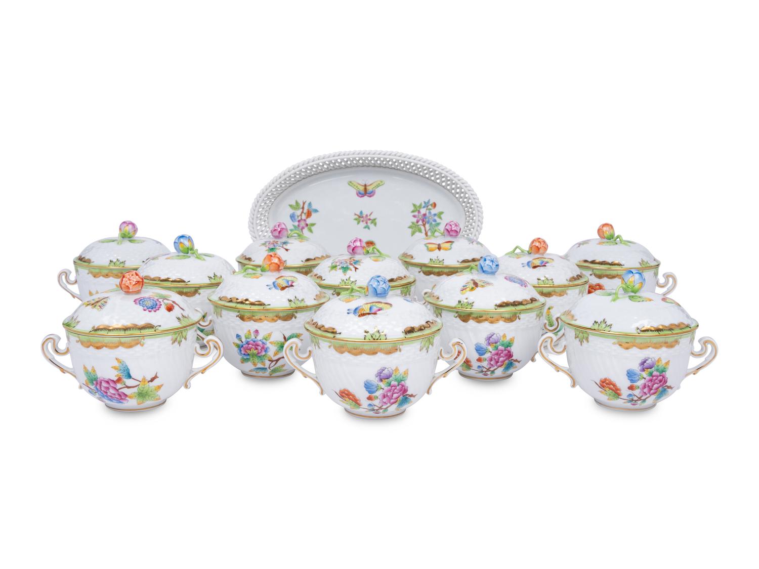 A Set of Twelve Herend Queen Victoria Porcelain Covered Bowls and a Tray