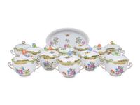A Set of Twelve Herend Queen Victoria Porcelain Covered Bowls and a Tray