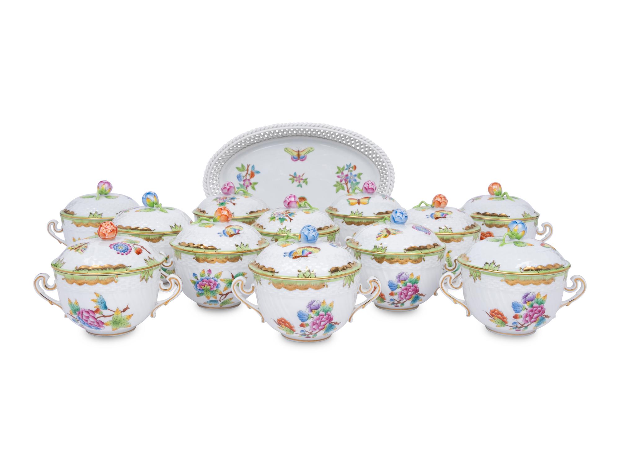 A Set of Twelve Herend Queen Victoria Porcelain Covered Bowls and a Tray