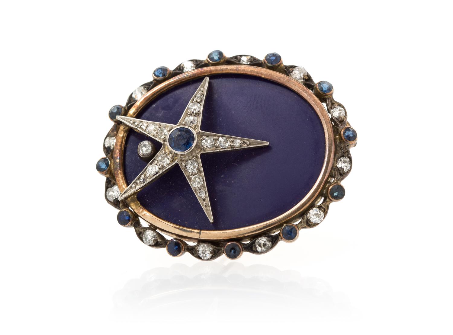 A Silver Topped Yellow Gold, Glass, Diamond and Sapphire Brooch, 7.00 dwts.