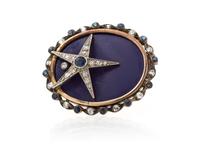 A Silver Topped Yellow Gold, Glass, Diamond and Sapphire Brooch, 7.00 dwts.