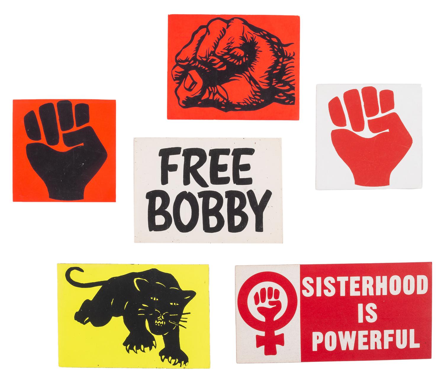[CIVIL RIGHTS]. A large collection of buttons and ephemera involving the Black Panther Party, political protests, and social movements.