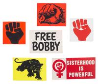 [CIVIL RIGHTS]. A large collection of buttons and ephemera involving the Black Panther Party, political protests, and social movements.
