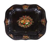 A Pair of English Tôle Trays on Later Stands