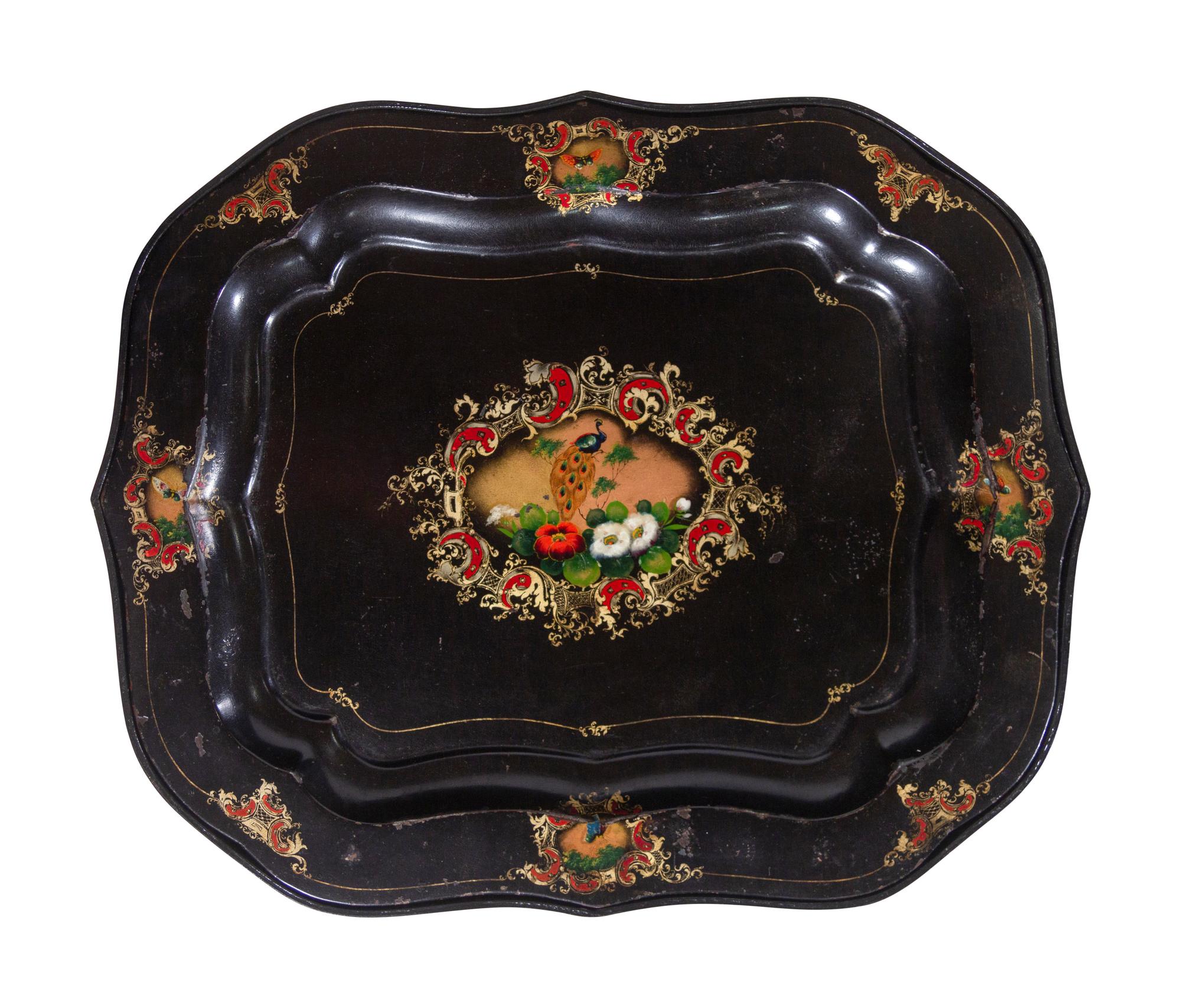 A Pair of English Tôle Trays on Later Stands